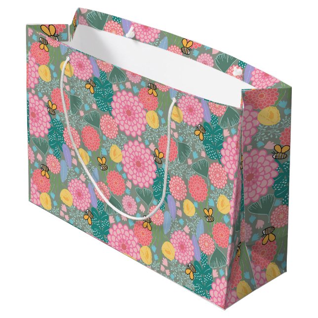 Sacola Para Presentes Grande Floral florescente com abelhas (Verso inclinado)