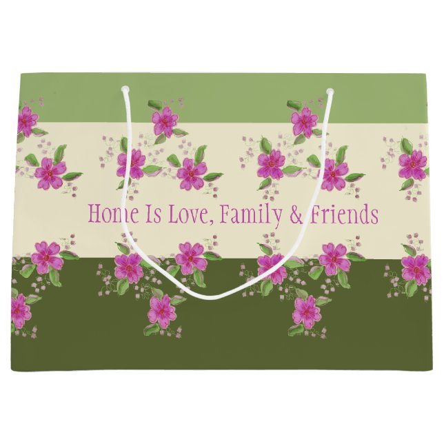 Sacola Para Presentes Grande Floral Rosa Brilhante Com Verde (Frente)