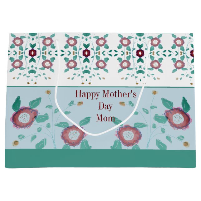 Sacola Para Presentes Grande Floral Rosa Com Turquesa (Frente)