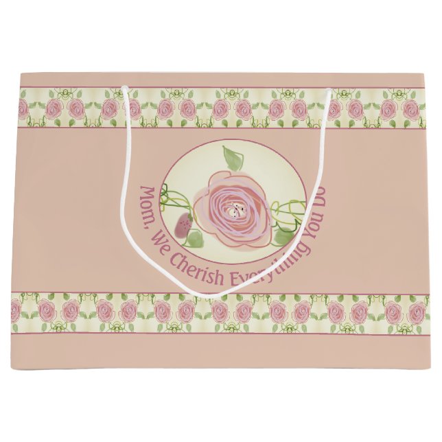 Sacola Para Presentes Grande Floral Rosa Esbranquiçado Com Padrão (Frente)