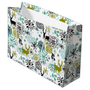 Sacola Para Presentes Grande Floral Verde Azul-Teal E Padrão De Arte De Veado