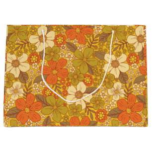 Sacola Para Presentes Grande Floral Verde Laranja e Verde Oleícola, Retro 60/70