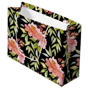Sacola Para Presentes Grande Floral vermelho de aquarela preto