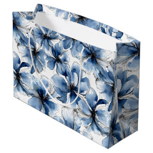 Sacola Para Presentes Grande Flores Abstratas em Aquarela Azul e Branco
