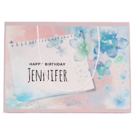 Sacola Para Presentes Grande Flores Azuis bonito no Aniversário de Fundo Rosa