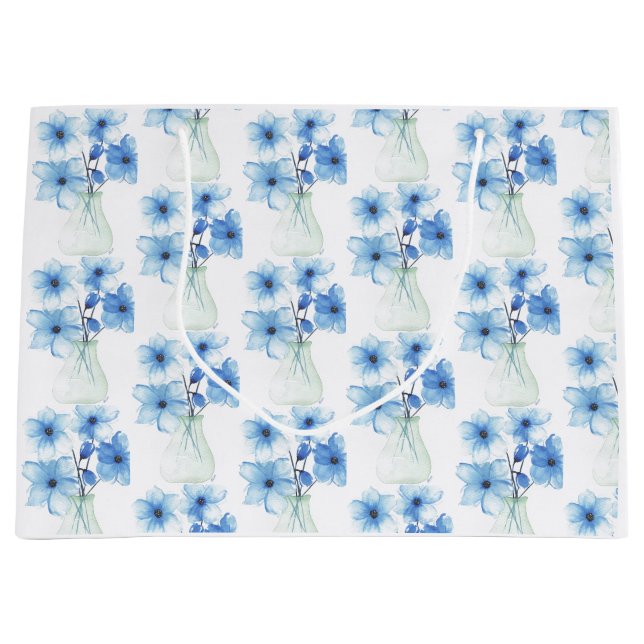 Sacola Para Presentes Grande Flores Azuis no vaso de vidro (Frente)