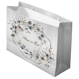 Sacola Para Presentes Grande Flores Brancas Aquarela Moldura Dourada Prata Teal