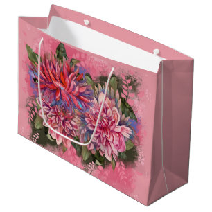 Sacola Para Presentes Grande Flores de dálias rosa aquarela