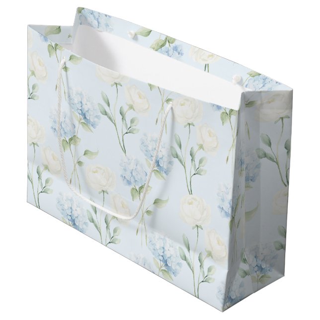 Sacola Para Presentes Grande Flores de Hydrangea Azuis Bonitas Casamento (Frente inclinada)