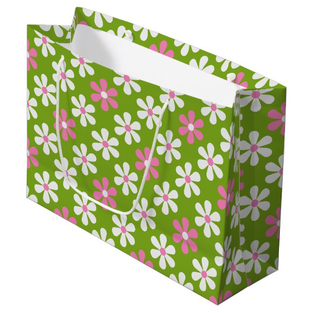SACOLA PARA PRESENTES GRANDE FLÔRES DE MARGARIDA BRANCA VERDE ROSA (Frente inclinada)