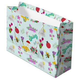 Sacola Para Presentes Grande Flores de primavera e Insetos azuis coloridos