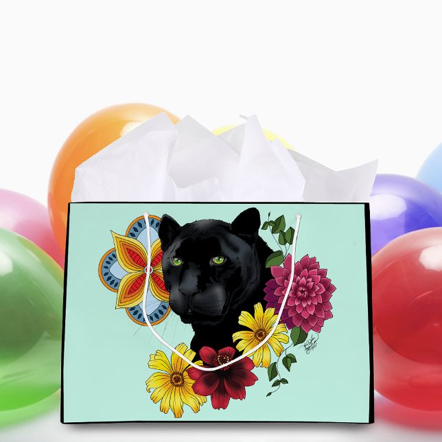 Sacola Para Presentes Grande Flores de Retrato Jaguar Pretas (Criador carregado)