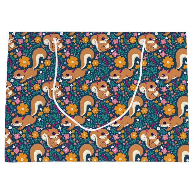 Sacola Para Presentes Grande Flores e esquilos de primavera (Frente)