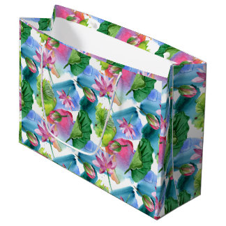 Sacola Para Presentes Grande Flores e Folhas de Lotus Cor-de-Água Rosa