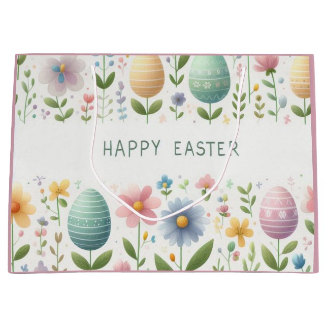 Sacola Para Presentes Grande Flores Felizes de Páscoa (Frente)