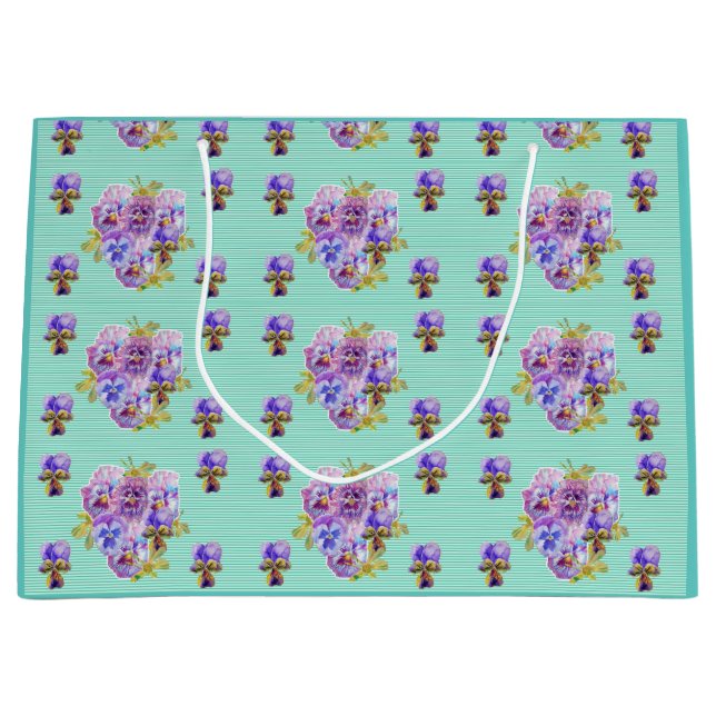 Sacola Para Presentes Grande Flores pansas florais Aqua Stripe Gift Bag (Frente)