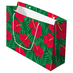 Sacola Para Presentes Grande Flores Red Hibiscus no Padrão de Folhas Tropicais