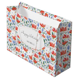Sacola Para Presentes Grande Flores Selvagens Cor De Água, Vermelho E Azul Suav