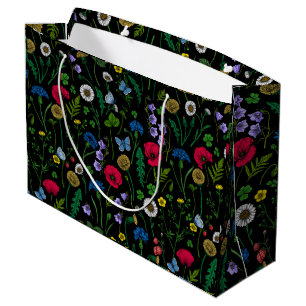 Sacola Para Presentes Grande Flores silvestres em preto