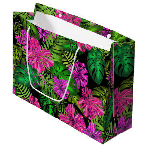 Sacola Para Presentes Grande Flores tropicais e plantas a preto
