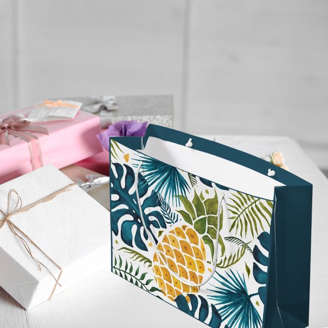 Sacola Para Presentes Grande Folha de abacaxi Dourada azul verde (Criador carregado)