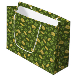 Sacola Para Presentes Grande Folha do trevo & teste padrão da moeda Dourado