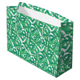 Sacola Para Presentes Grande Folha tropical monstera verde padrão branco b