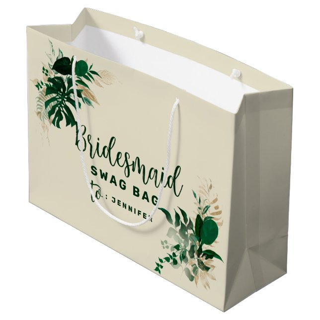 Sacola Para Presentes Grande Folhagem Tropical Verde & Dourada Bridesmaid Swag (Verso inclinado)