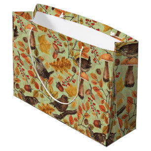 Sacola Para Presentes Grande Folhas, bagas, cogumelos e wrenes de outono
