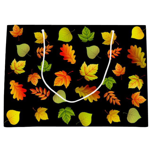 Sacola Para Presentes Grande Folhas de outono lindas em preto (Frente)
