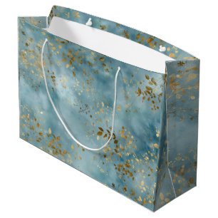 Sacola Para Presentes Grande Folhas Douradas Botânicas Padrão Design Verde Azul