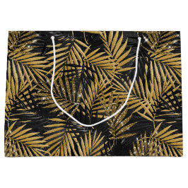SACOLA PARA PRESENTES GRANDE FOLHAS TROPICAIS PRETAS E DOURADAS