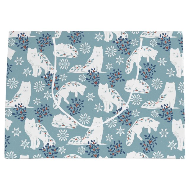Sacola Para Presentes Grande Folk Art Artic Fox in the Snow with Holly (Frente)