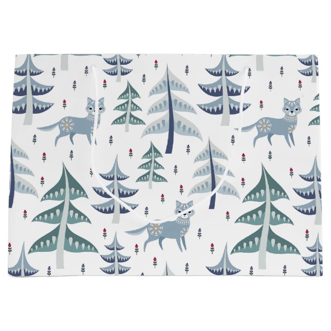 Sacola Para Presentes Grande Folk Art Winter Fox and Trees (Frente)