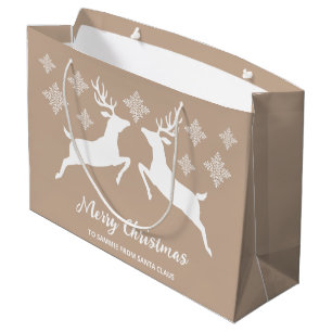 Sacola Para Presentes Grande Formas de cervo branco no bege com flocos de neve