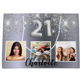 Sacola Para Presentes Grande foto da aniversário de 21 anos prata brilhante