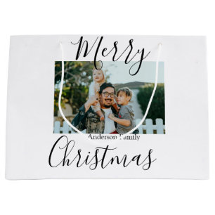 Sacola Para Presentes Grande Foto da família Feliz Natal, moderna e elegante ru