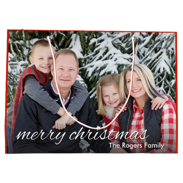 Sacola Para Presentes Grande Foto da família Feliz Natal Personalizado (Verso)