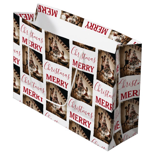 Sacola Para Presentes Grande Foto da família personalizada Feliz Natal (Frente inclinada)