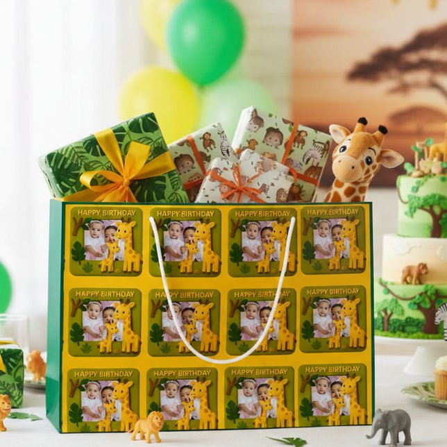Sacola Para Presentes Grande Foto de Aniversário da Girafa Bonita Personalizáve (Criador carregado)