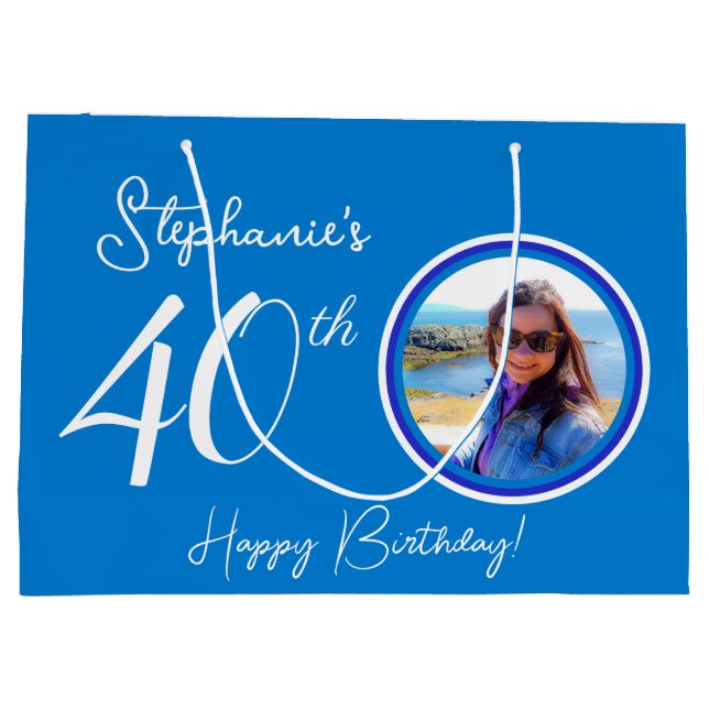 Sacola Para Presentes Grande Foto de aniversário de 40 anos azul elegante (Verso)