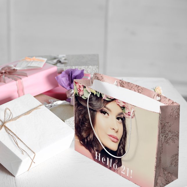 Sacola Para Presentes Grande Foto de aniversário saudação 21 rosa dourada brilh (Criador carregado)