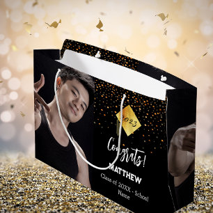 Sacola Para Presentes Grande Foto de confete preto graduado dourado