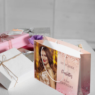 Sacola Para Presentes Grande Foto de ouro rosa-rosa-de-aniversário