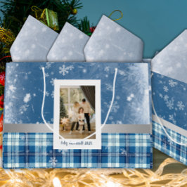 Sacola Para Presentes Grande Foto Feliz Natal Elegante Azul