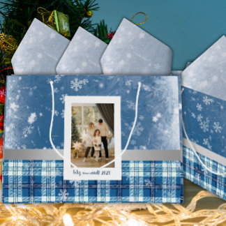 Sacola Para Presentes Grande Foto Feliz Natal Elegante Azul