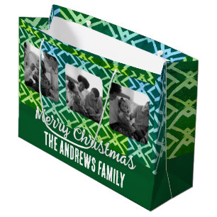 Sacola Para Presentes Grande Foto Geométrica da Família Natal Emerald Green