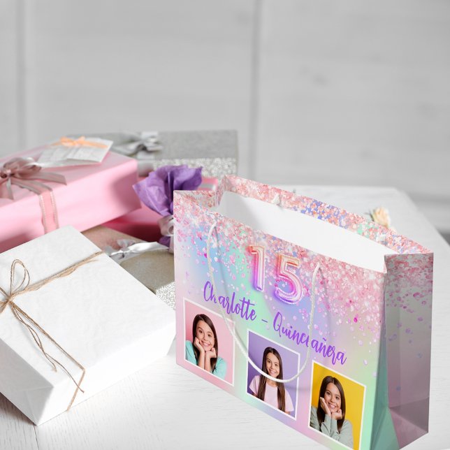 Sacola Para Presentes Grande Foto holográfica rosa púrpura Quinceanera (Criador carregado)