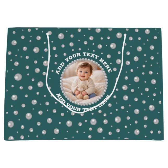 Sacola Para Presentes Grande Foto Personalizada com Círculo de Pérolas em Azul  (Frente)
