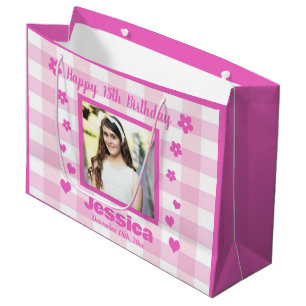 Sacola Para Presentes Grande Foto personalizada Feliz 15 Aniversário Xadrez Ros